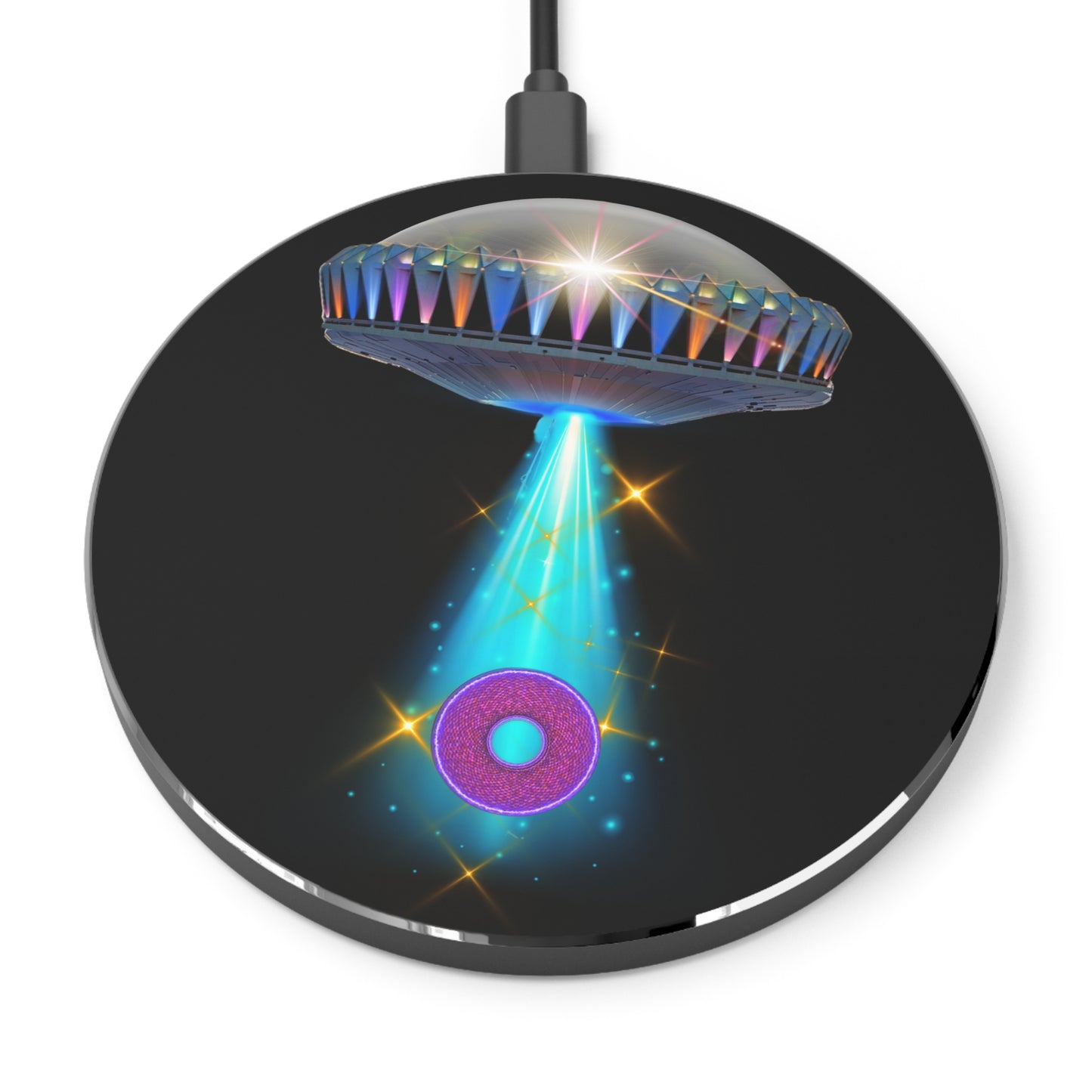 The Flow - Wireless Lumpy Donut Chargers - "Wireless Charging on the Mothership Now" - UAP donut e/black background - variant 7