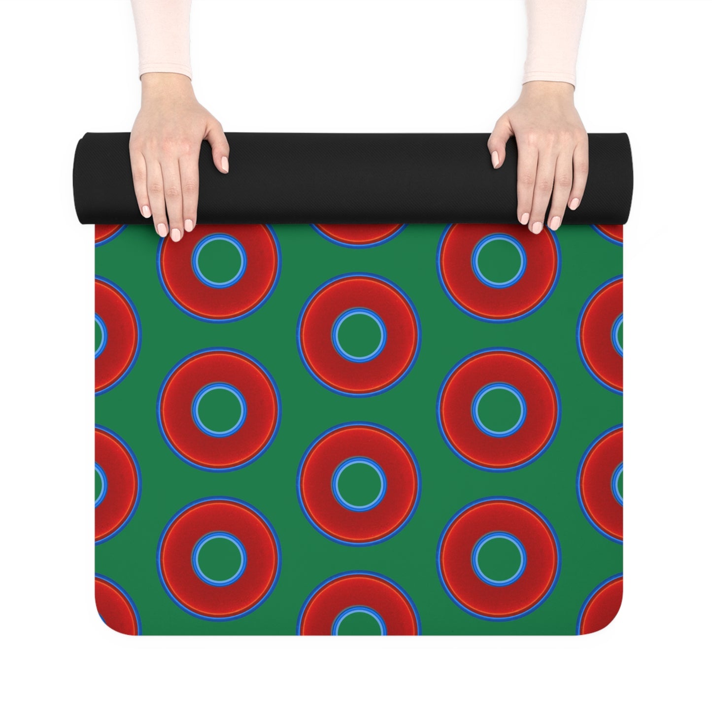 Lumpy Donut Yoga Mat :) - 24″ x 70" - vivid red donut print w/dark green background