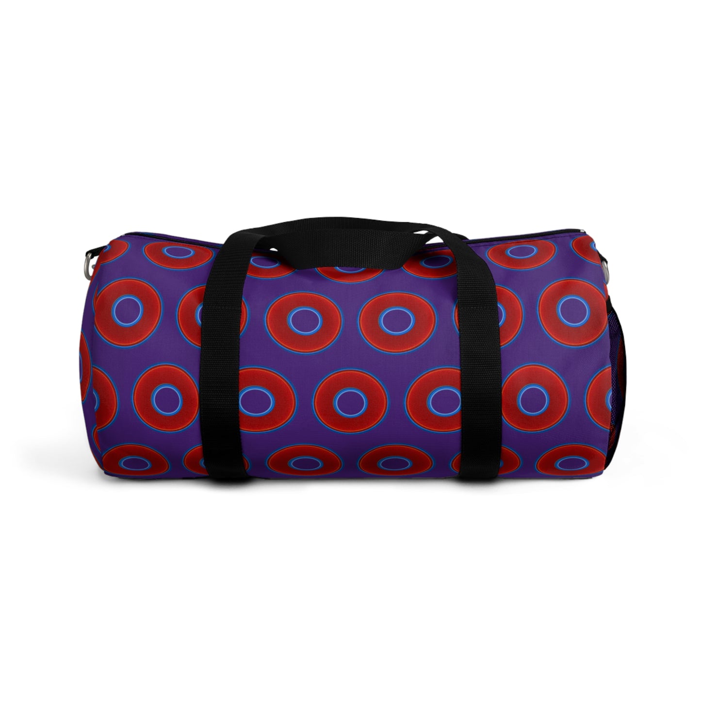 Lumpy Duffel - vivid red donuts w/dark purple background