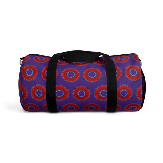 Lumpy Duffel - vivid red donuts w/dark purple background