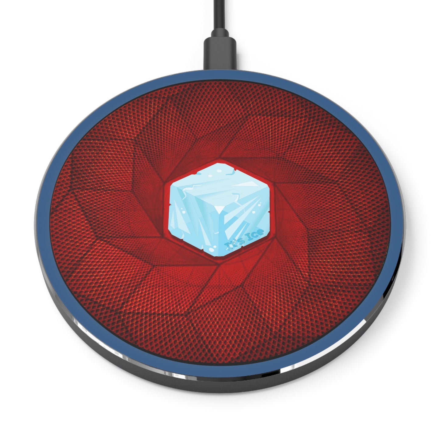 The Flow - Wireless Lumpy Donut Chargers - "It's Ice... Cube's Wireless Donut Charger" - red cubed donut w/light navy background - variant 1