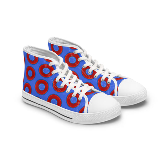 Women's High Top Chuck Taylors - large vivid red donut print w/royal blue background