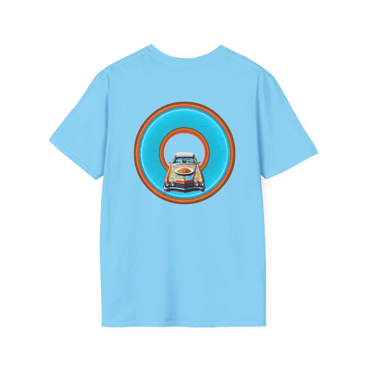 Classic Donut Tee - Unisex Soft-Style - "Cadillac Rainbow Spaghetti Incident" - series 1.0  - variant 2 - blue/orange donut