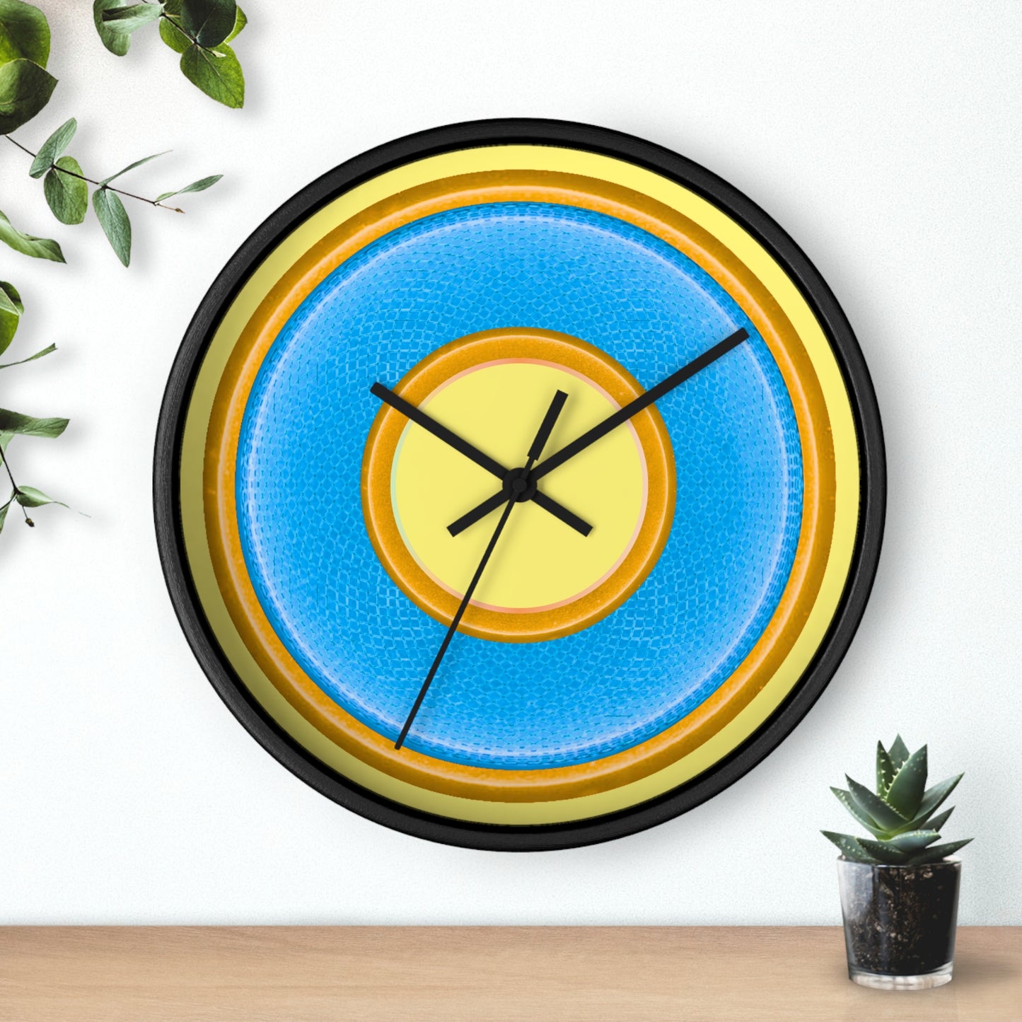 Lumpy Wall Clock - light blue rustic donut w/yellow edging - variant 2 w/yellow background