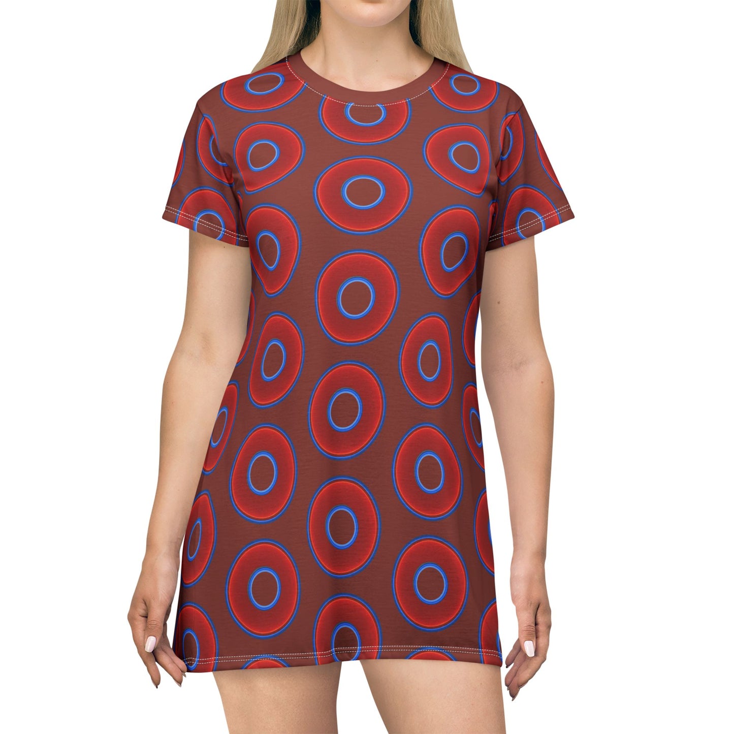 Not a Muumuu AOP Tee Shirt Dress - red vivid donuts w/burnt umber background