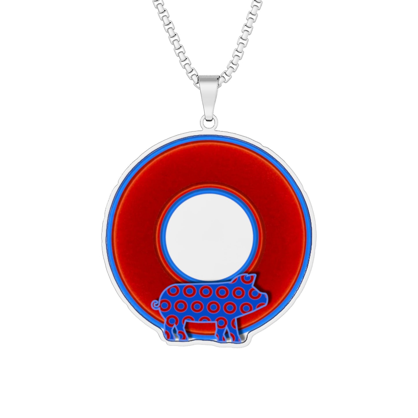Lump's Heady Donut Necklace - 1" x 1" Stainless Steel Pendant - "Guyute's Tasty Pork Donut" - vivid red/blue donut - variant 1