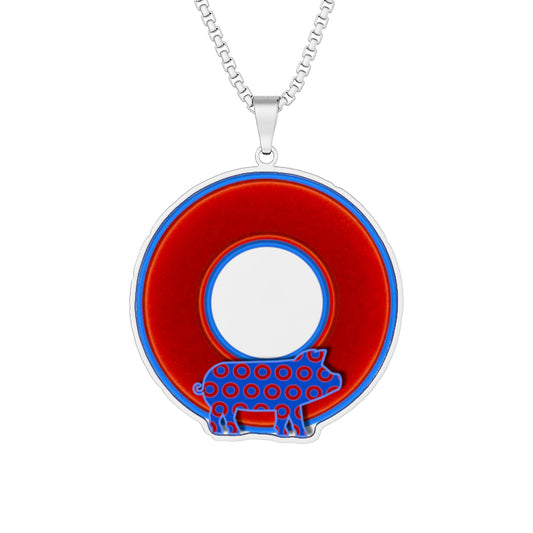 Lump's Heady Donut Necklace - 1" x 1" Stainless Steel Pendant - "Guyute's Tasty Pork Donut" - vivid red/blue donut - variant 1