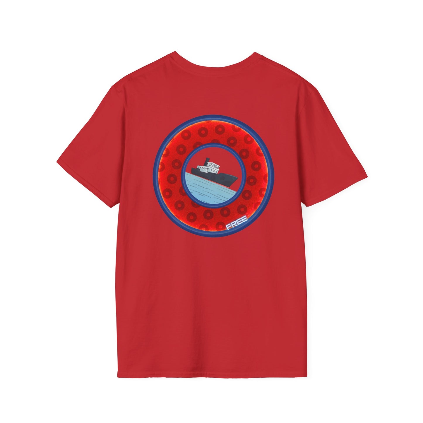 Classic Donut Tee - Unisex Soft-Style - "Phree Donut Sliders" - red/blue widemouthed paradox donut