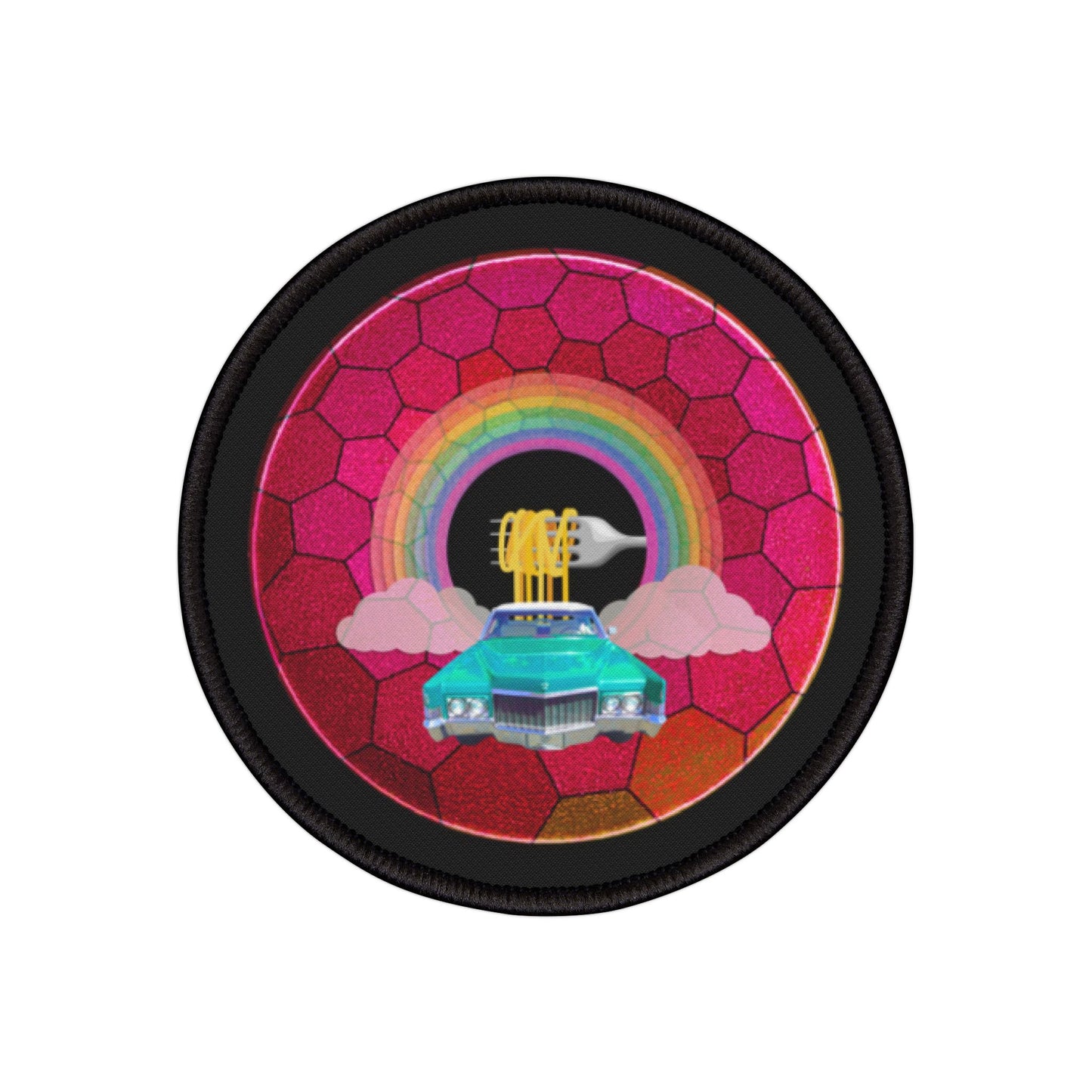 Iron-On Donut Patch - "Cadillac Rainbow Donut Patch" - magenta hexadonut - variant 3