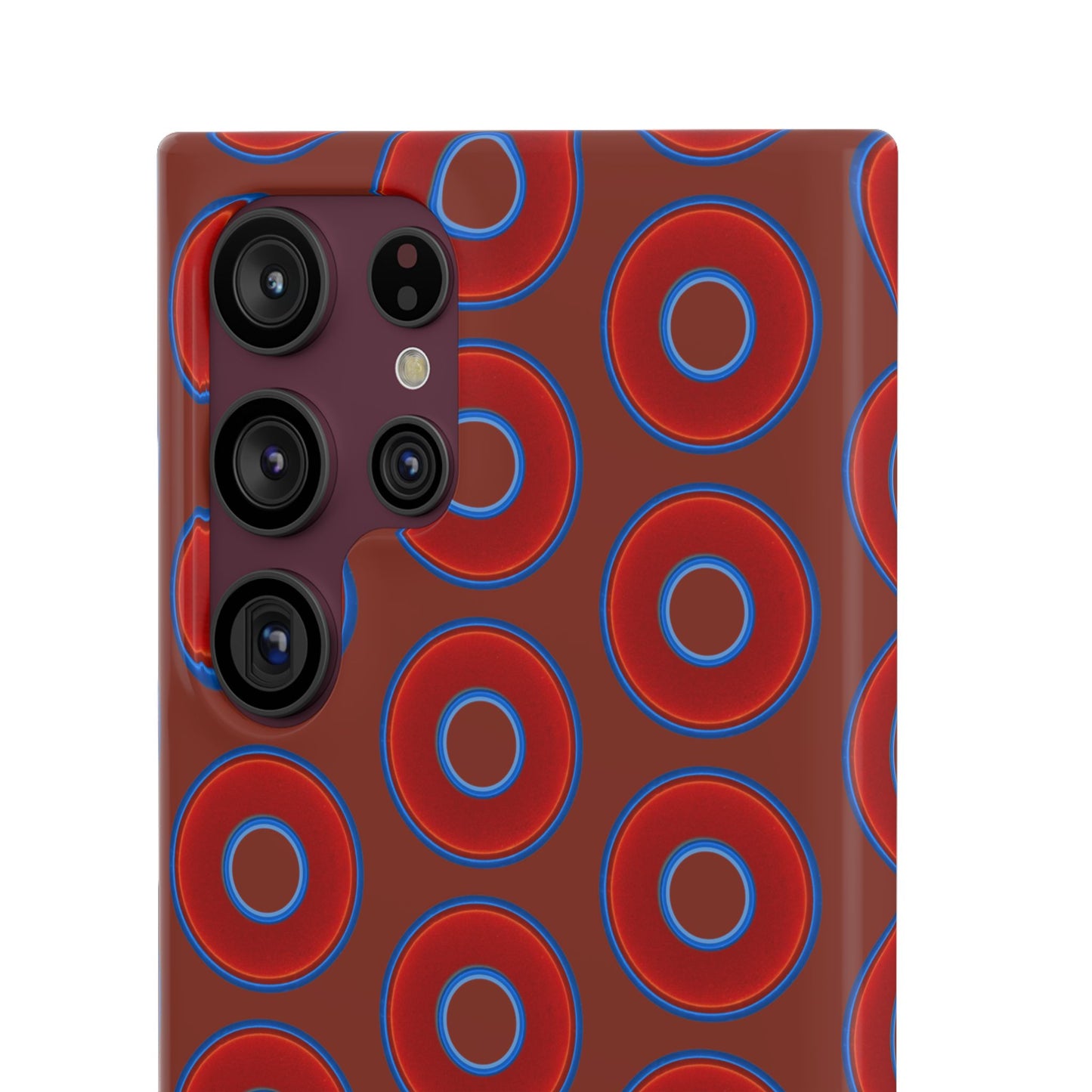 Lumpy Donut Snap Case - red vivid donut print w/burnt umber background