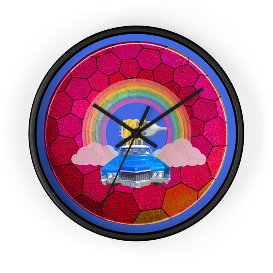Lumpy Wall Clock - "Time for a Spaghetti Incident in my Caddy" - variant 2 - magenta hexadonut w/royal blue background
