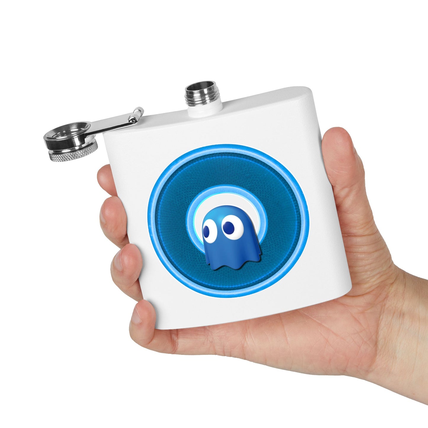 Lump's Donut Flask 6 oz -  "The Storied Donut Flask" - variant 2 - blue/light blue rustic donut - [*w/your choice of 6 backgrounds]