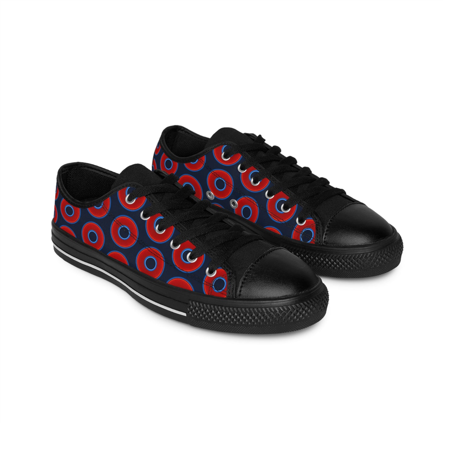 Women's Cushiony Convectors - Low Top - large red vivid donut print w/dark teal elite blue background