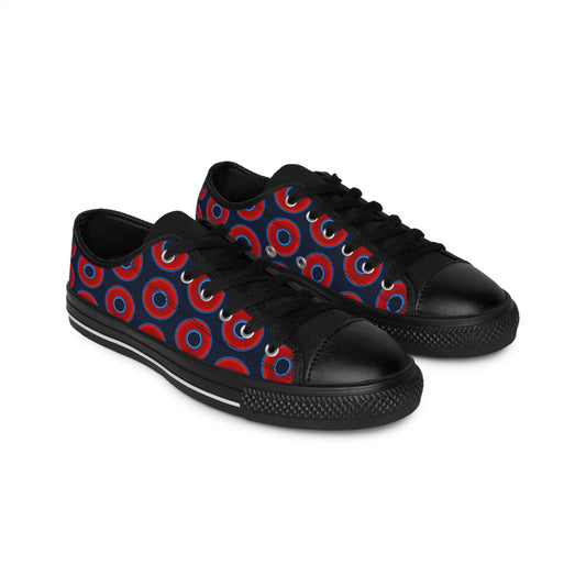Women's Cushiony Convectors - Low Top - large red vivid donut print w/dark teal elite blue background