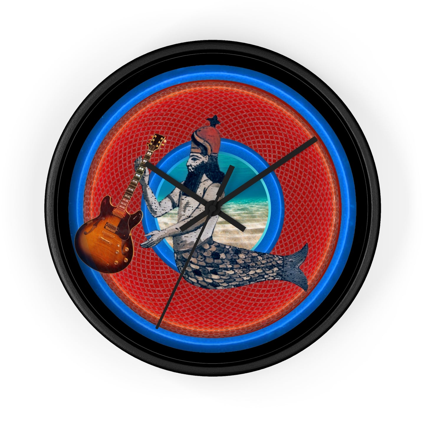 Lumpy Wall Clock - "Doggone Dagon Donut Clock" - variant 4 - rustic red/blue donut w/black background