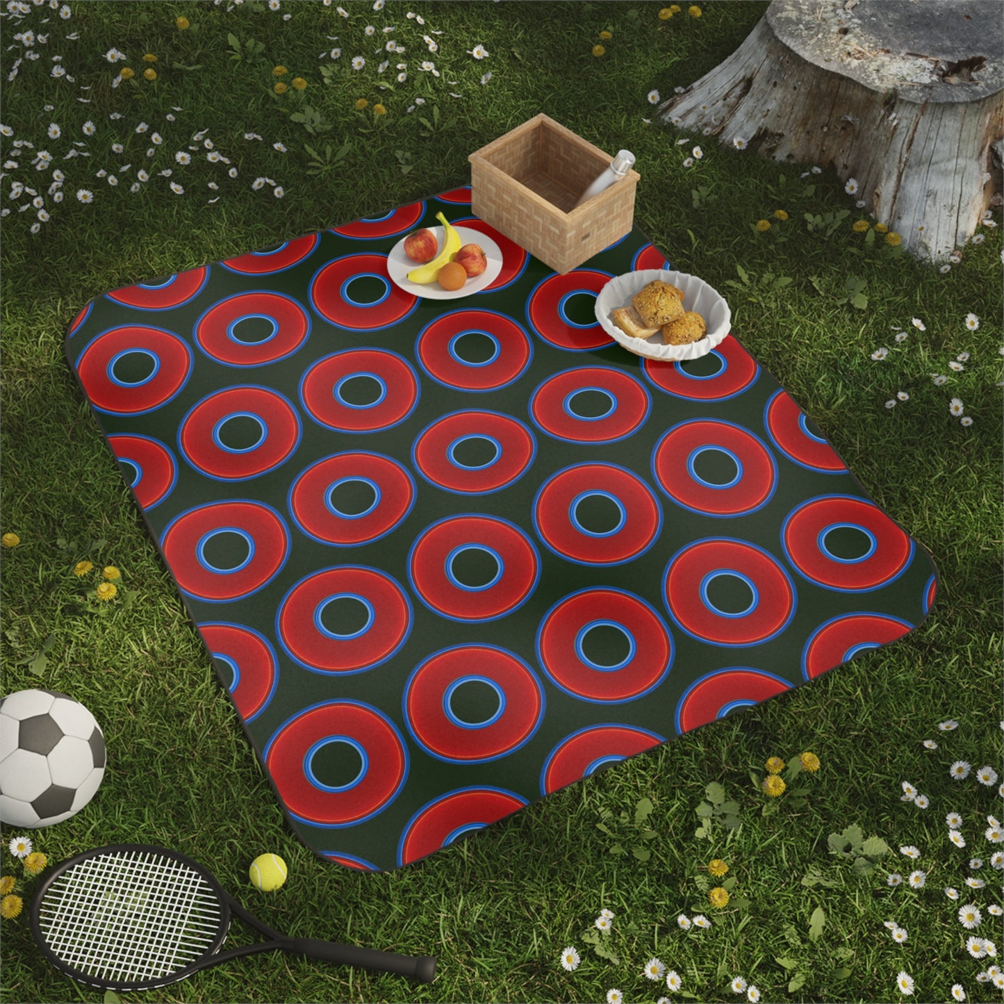The Lumpy Party Blanket - giant water-resistant outdoor blanket [61" x 51"] - vivid red donuts w/deep forest green background