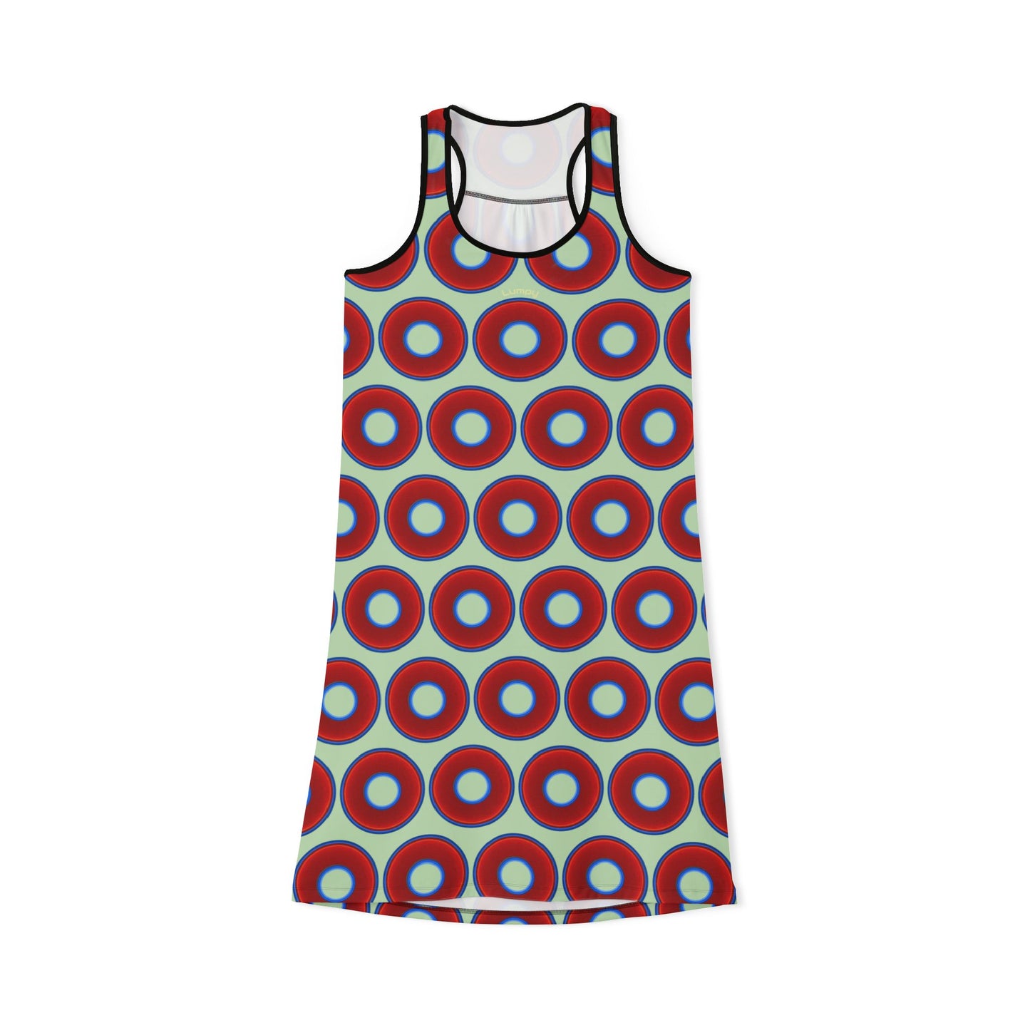 Tela's Lumpy Racerback Donut Dress - red vivid donut print w/seafoam background