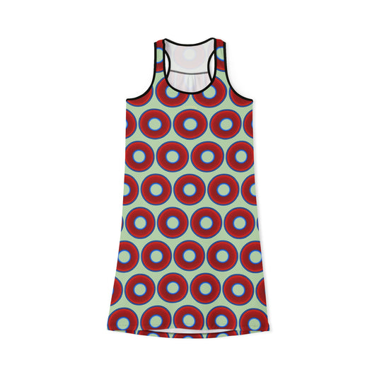 Tela's Lumpy Racerback Donut Dress - red vivid donut print w/seafoam background