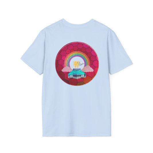 Classic Donut Tee - Unisex Soft-Style - "Cadillac Rainbows Donut Tee" - variant 3 - magenta hexadonut w/mint green caddy