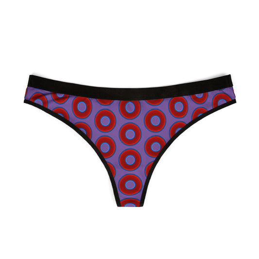 Lumpy Donut Thongs - red vivid donut print w/light purple background