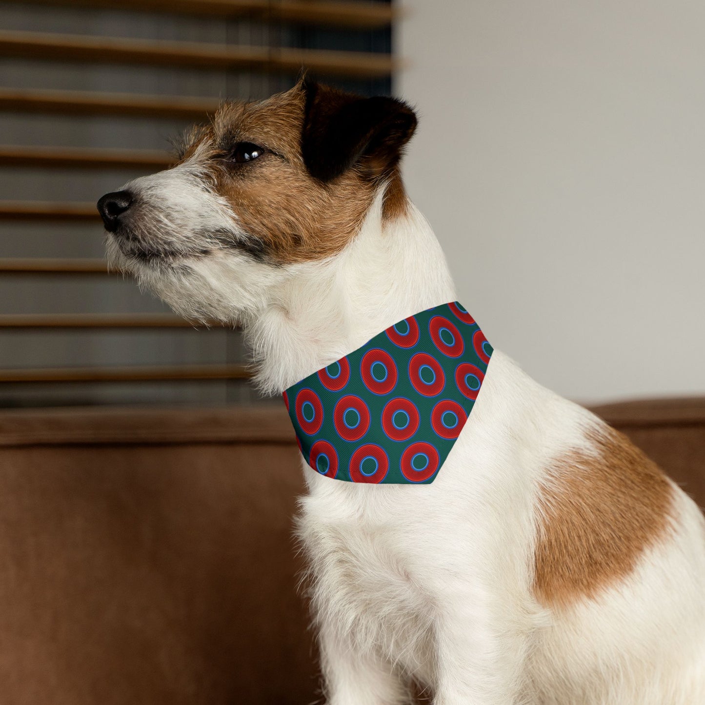 Jim's Lumpy Bandana Pet Collar - vivid red donuts w/dark Fenway green background