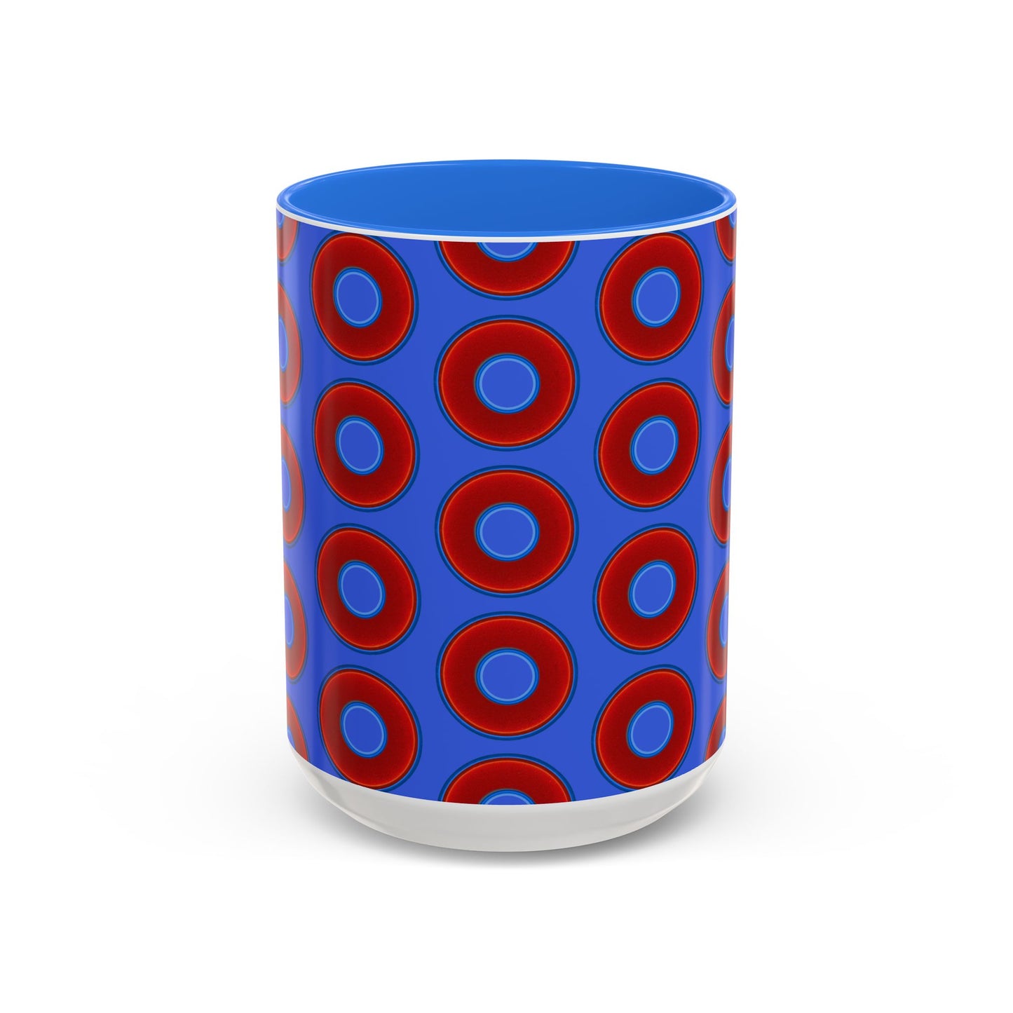 Lump's Grumpy Coffee Mug - vivid red donuts w/royal blue background