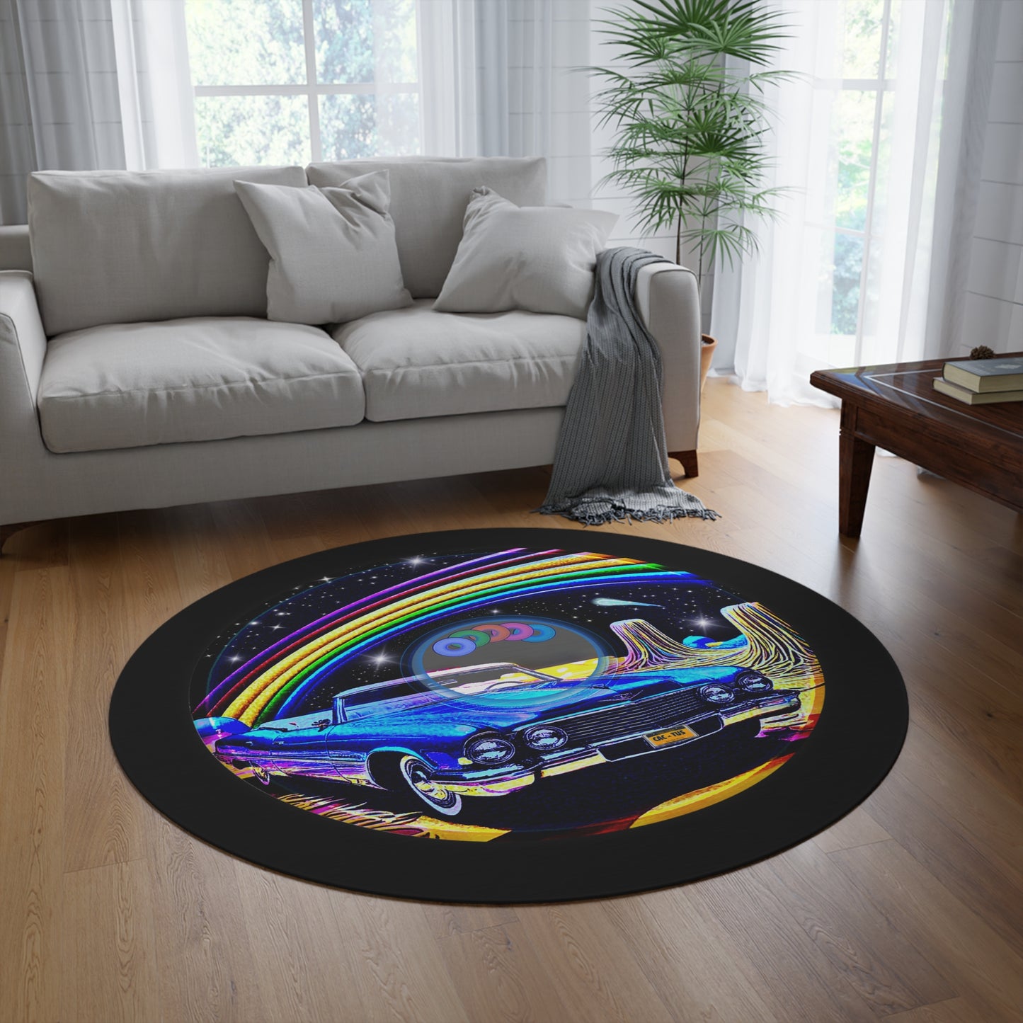 Round Room - 5 ft x 5 ft Lumpy Donut Rug - "Halley's Caddy Donut Rug" - black/blue pic donut w/black background - variant 1