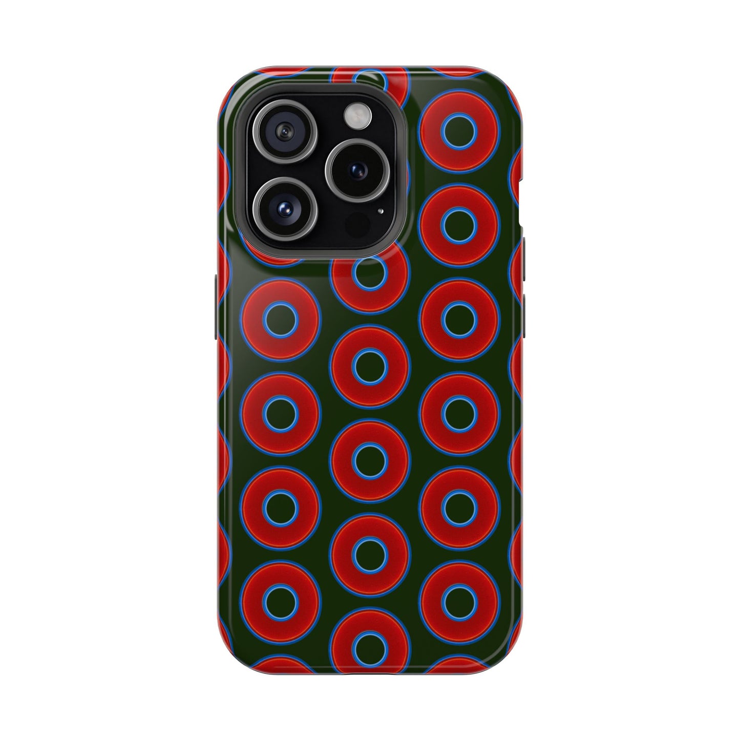 Impact-Resistant Lumpy Donut Case - red vivid donut print w/deep forest green background