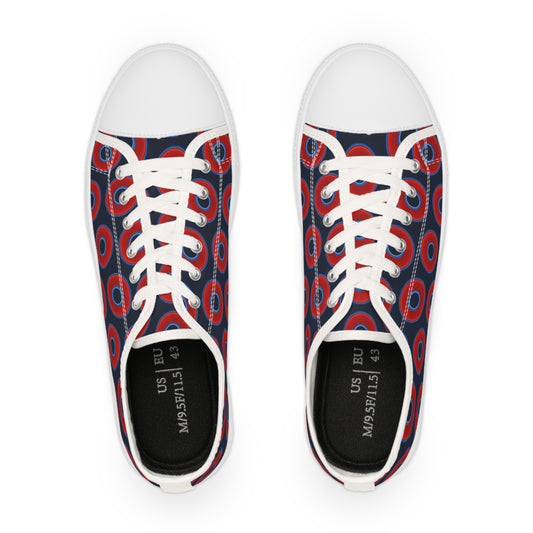 Men's - Low Top Chuck Taylors - large vivid red donut print w/dark blue teal elite background