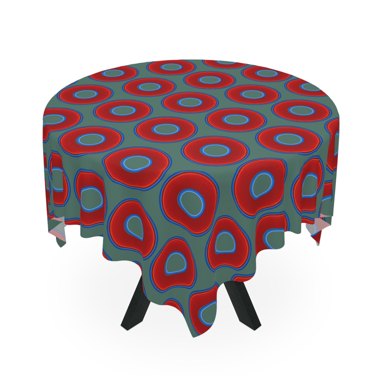 Lumpy Tablecloth - 55.1" x 55.1" - vivid red donuts w/Fenway green background