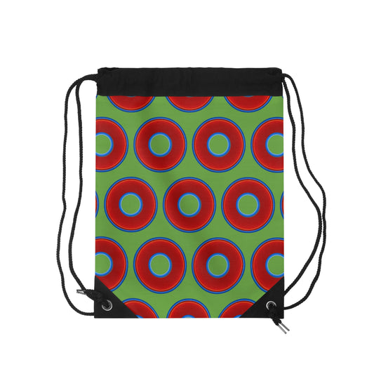 Lumpy Donut Drawstring Bag - red vivid donuts print w/light green background