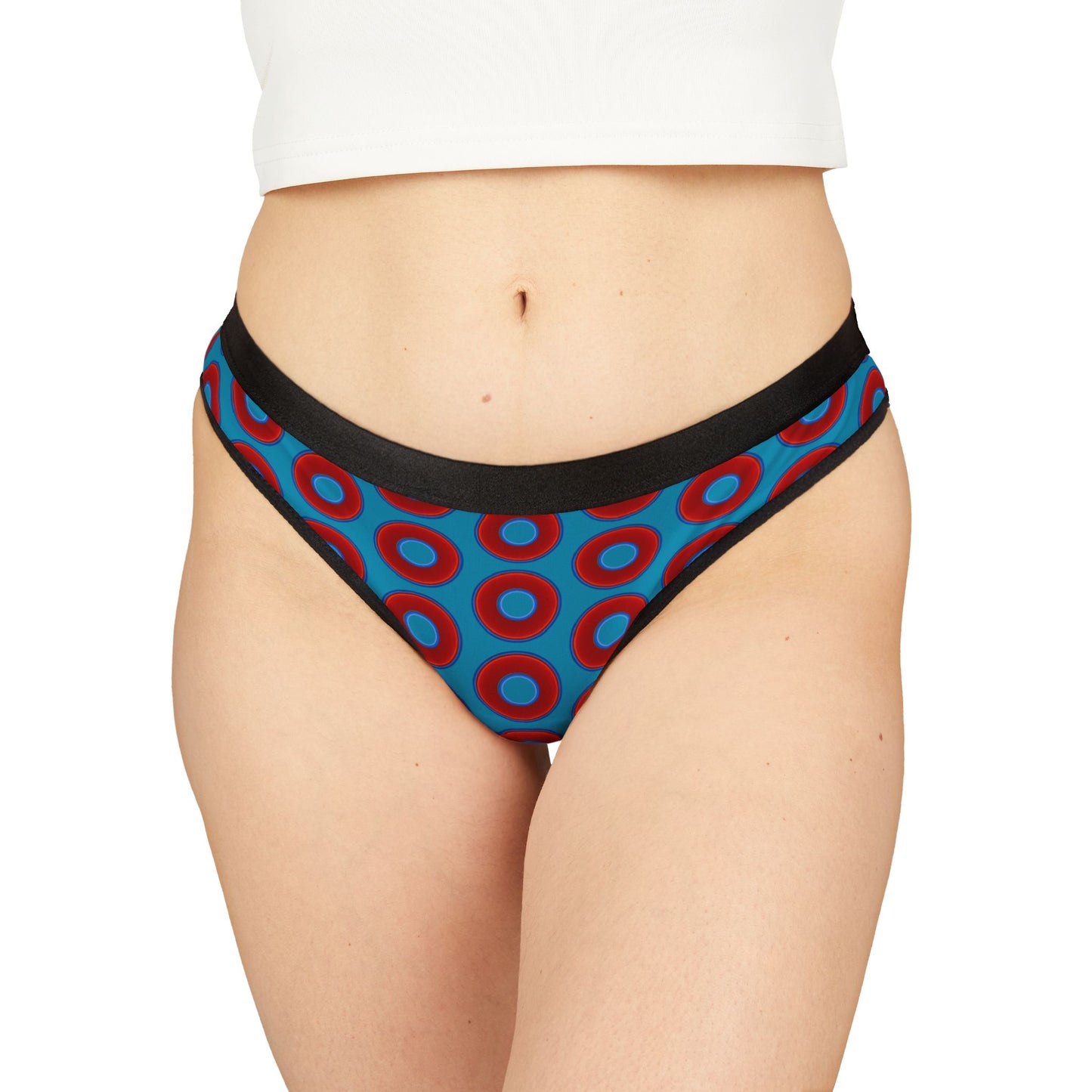 Lumpy Donut Thongs - red vivid donut print w/aquamarine blue background