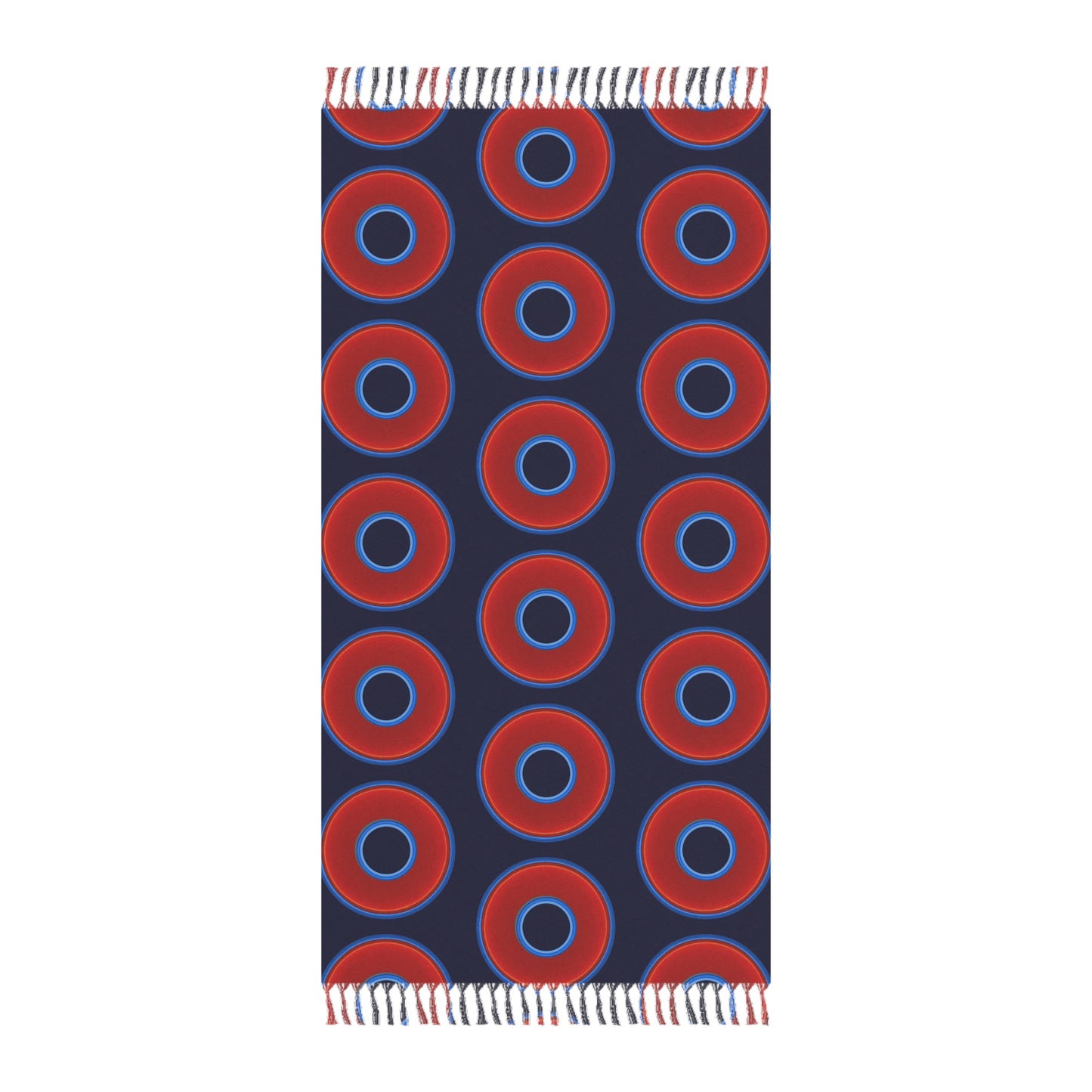 Oversized Lumpy Beach Towel - vivid red donuts w/midnight blue background