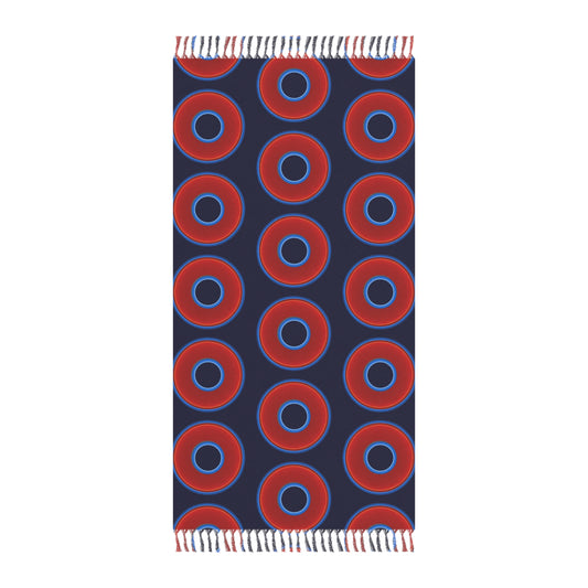 Oversized Lumpy Beach Towel - vivid red donuts w/midnight blue background