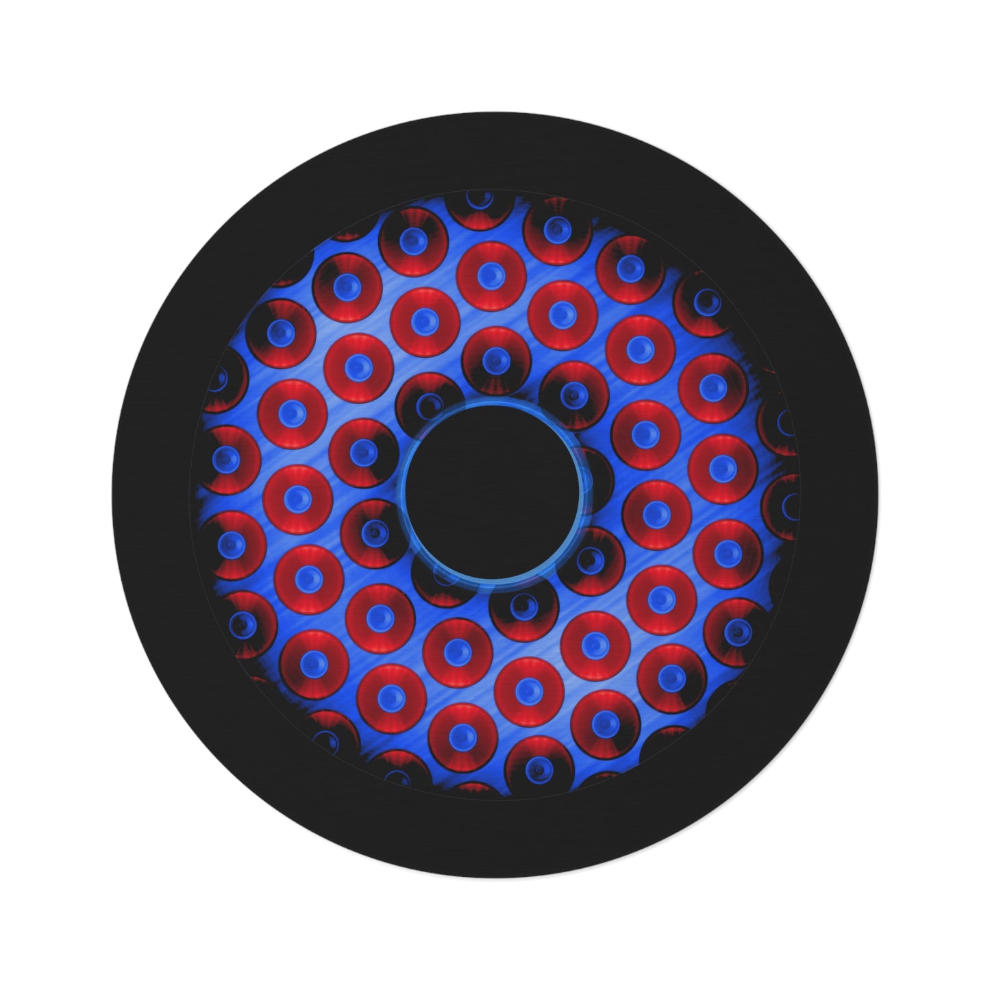 Round Room - 5 ft x 5 ft Lumpy Donut Rug - "Bling Paradox" - bling paradoxical red/blue donut w/hole & black background