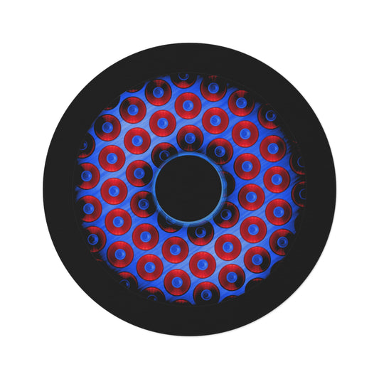 Round Room - 5 ft x 5 ft Lumpy Donut Rug - "Bling Paradox" - bling paradoxical red/blue donut w/hole & black background