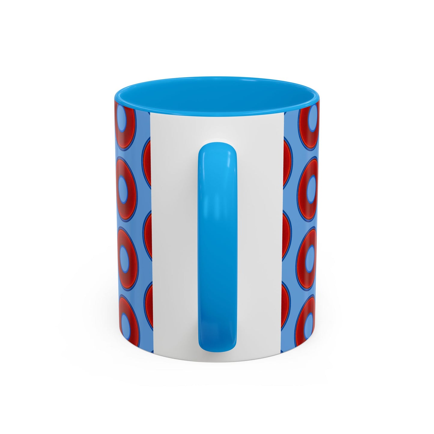 Lump's Grumpy Coffee Mug - vivid red donuts w/light blue background