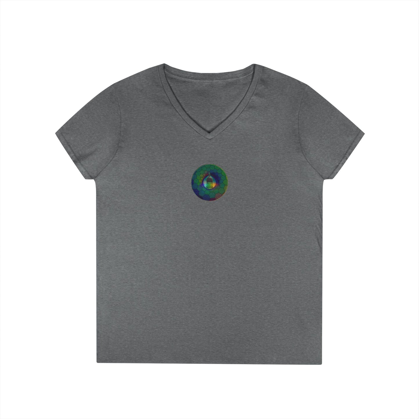Women's Donut V-Neck Tee - "Save the Mondegreen City Hall Clock Tower" - variant 1 - green hexadonut w/