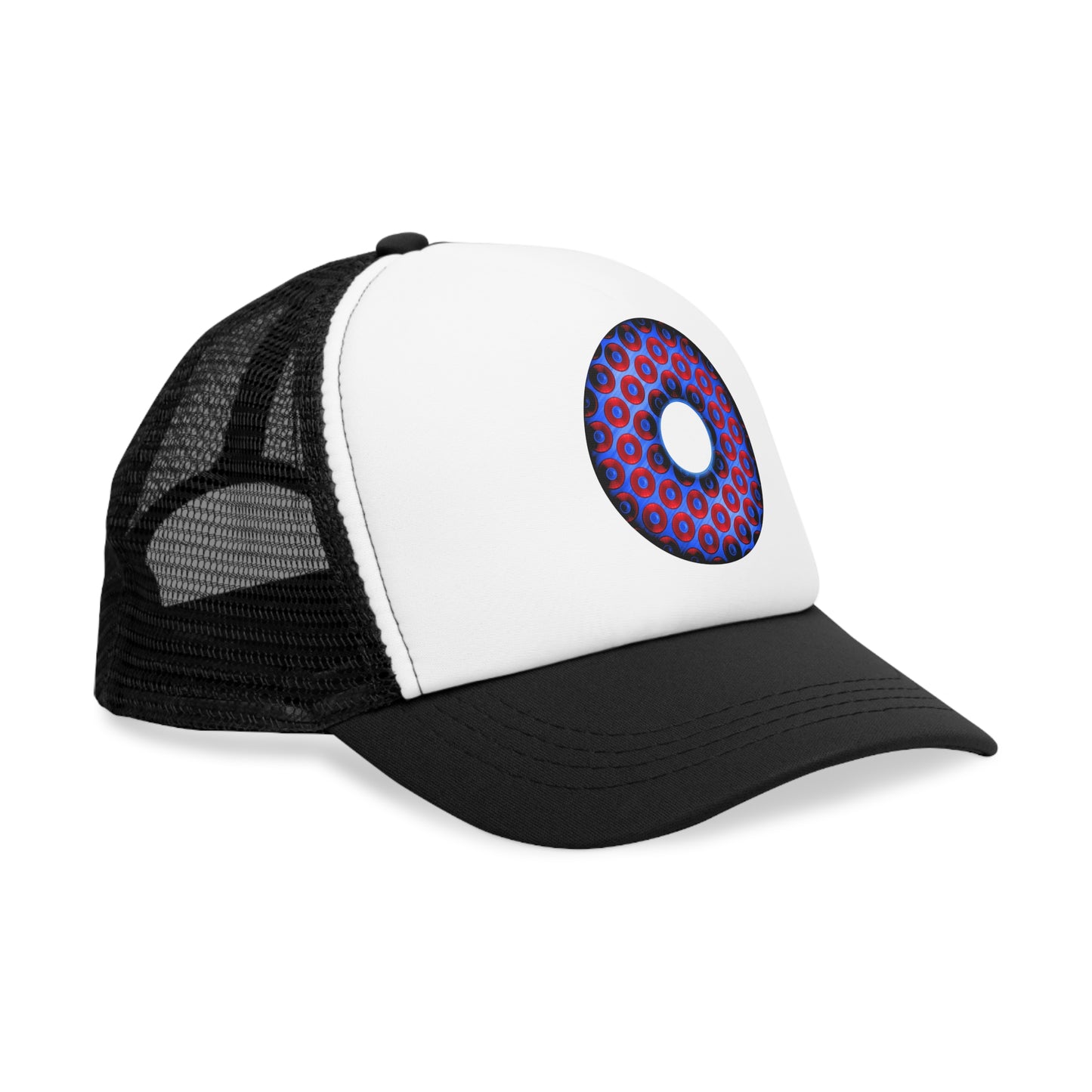 Lumpy Trucker Hat - "Paradoxical Donut - variant 3 - bling donut print " red/blue