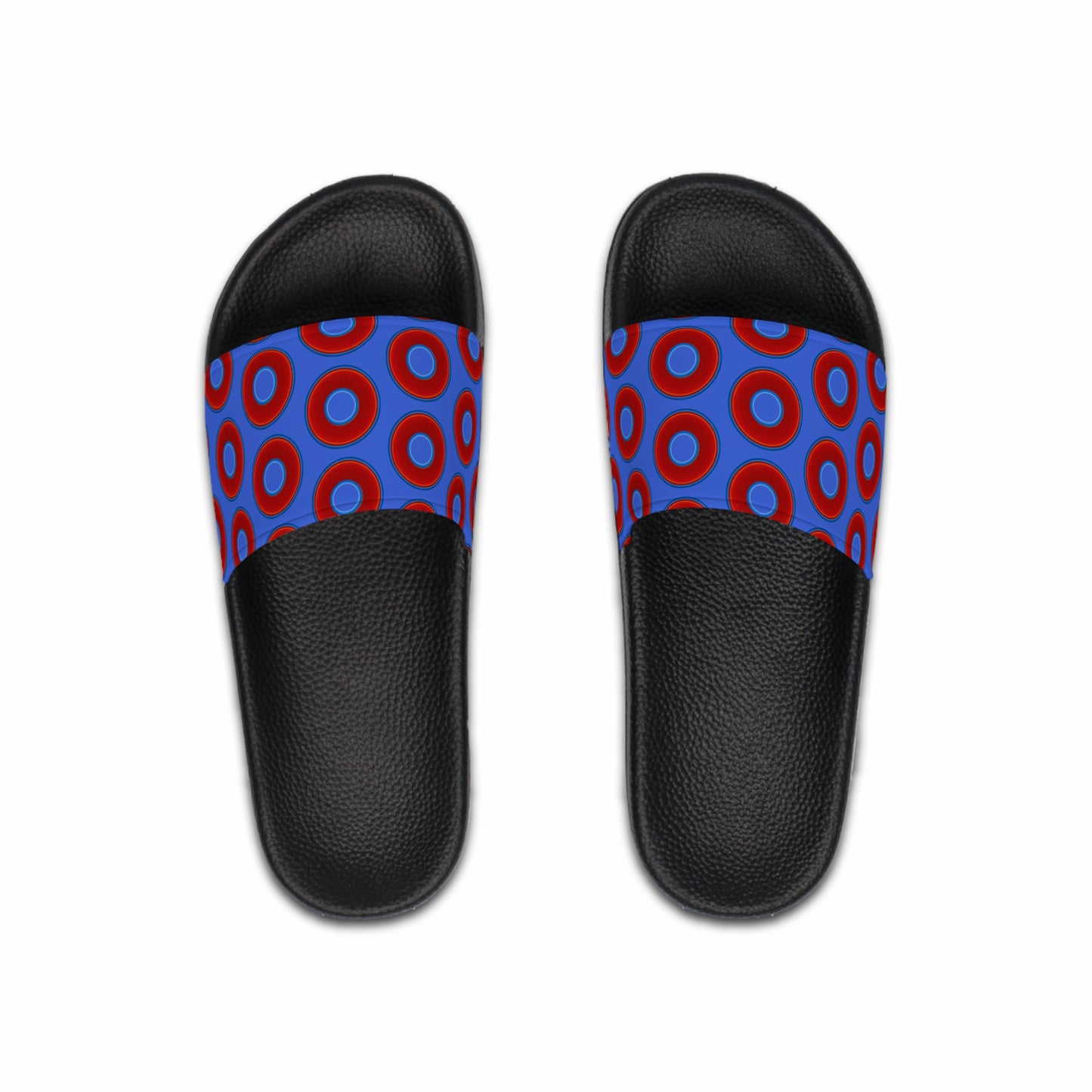 Men's Lumpy Sandals - slip-ons - red vivid donuts w/royal blue background