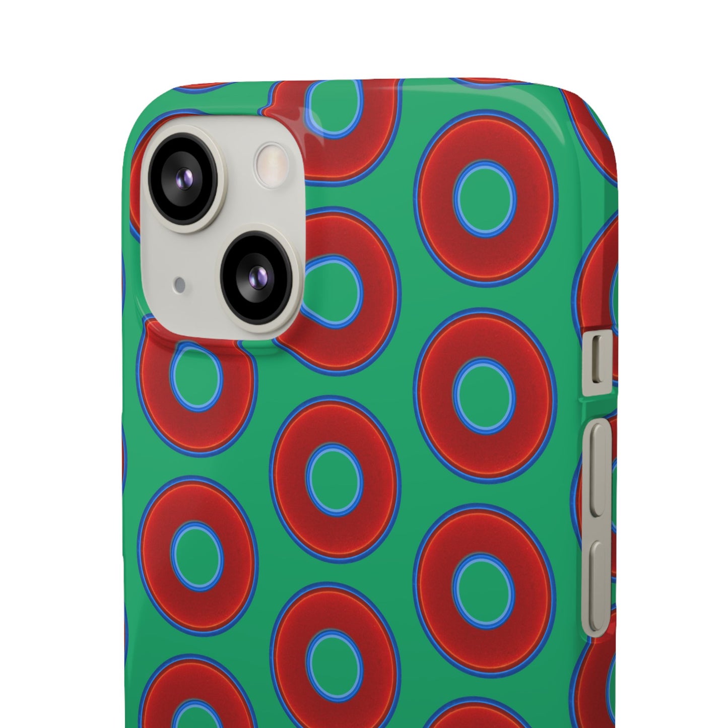 Lumpy Donut Snap Case - red vivid donut print w/jade green background