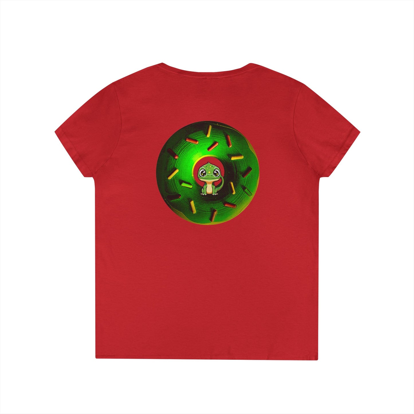 Women's Donut V-Neck Tee - "Soft as Baby Rutherford" - green cartoon donut w/sprinkles