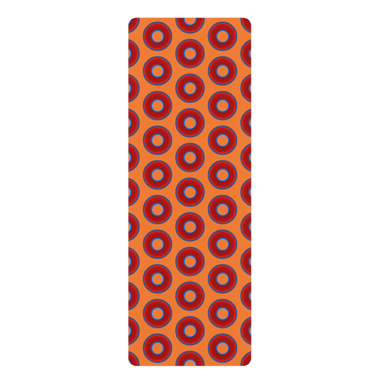 Lumpy Donut Yoga Mat :) - 24″ x 70" - vivid red donut print w/orange background