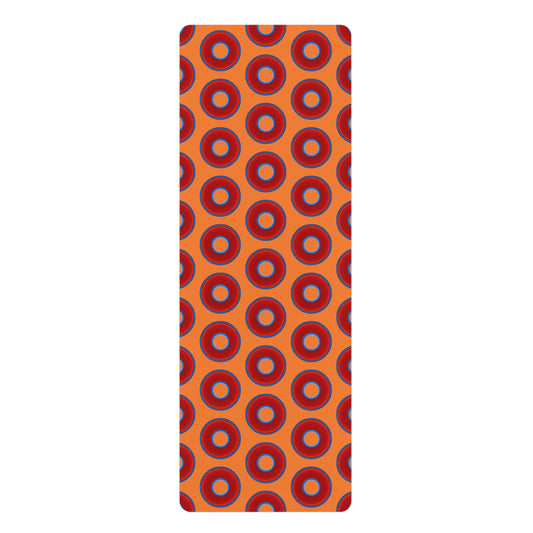 Lumpy Donut Yoga Mat :) - 24″ x 70" - vivid red donut print w/orange background