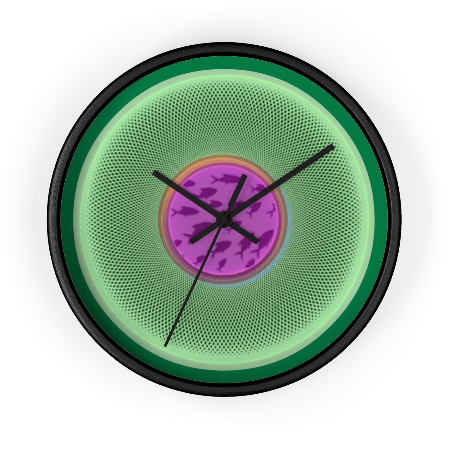 Lumpy Wall Clock - "Swimming by Donut Clocks" - variant 3 - light green/purple phatty donut w/green background