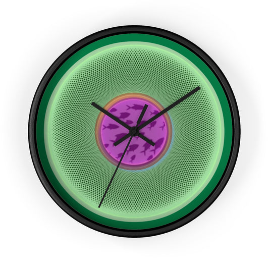 Lumpy Wall Clock - "Swimming by Donut Clocks" - variant 3 - light green/purple phatty donut w/green background