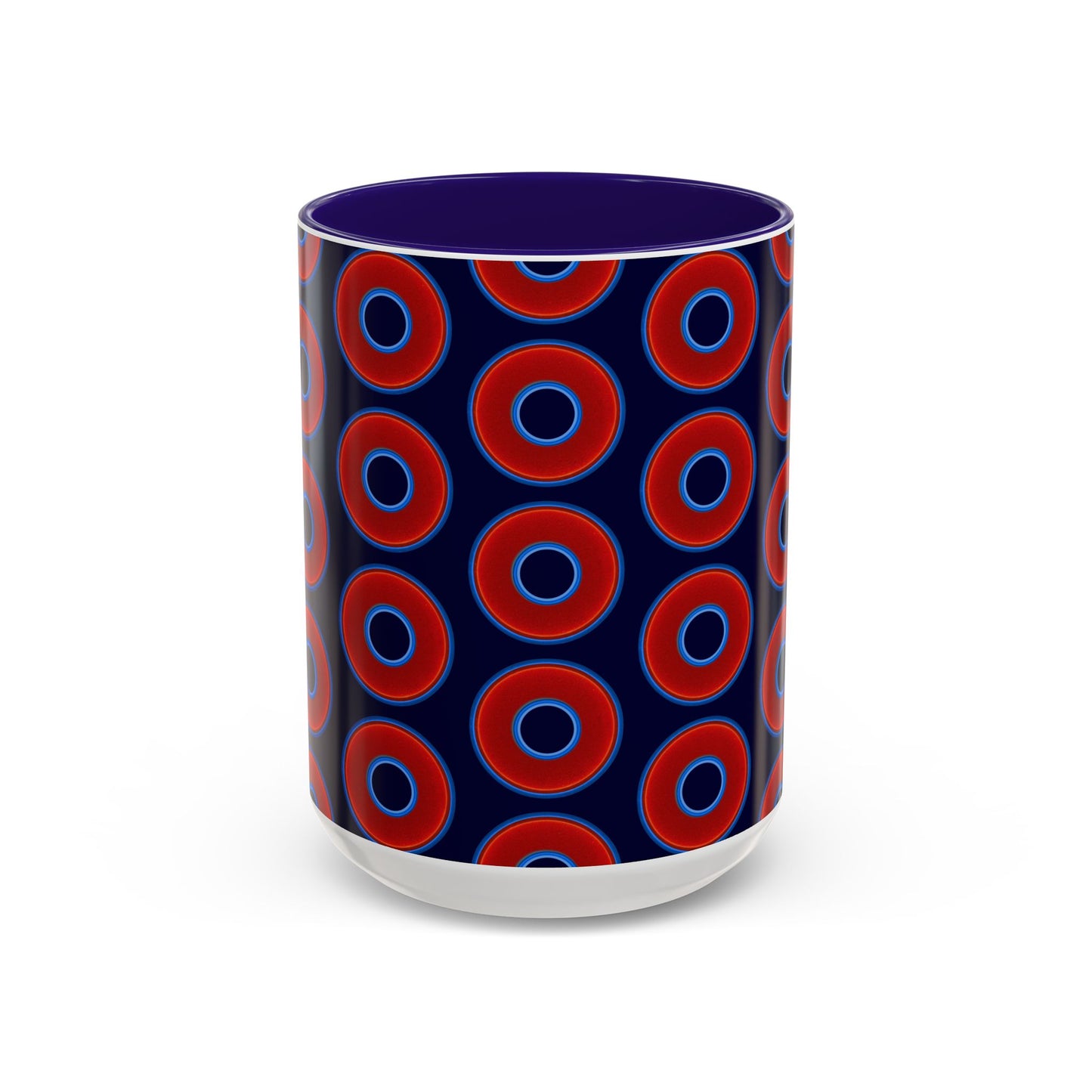 Lump's Grumpy Coffee Mug - vivid red donuts w/midnight blue background