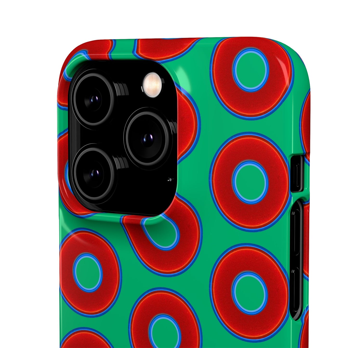Lumpy Donut Snap Case - red vivid donut print w/jade green background