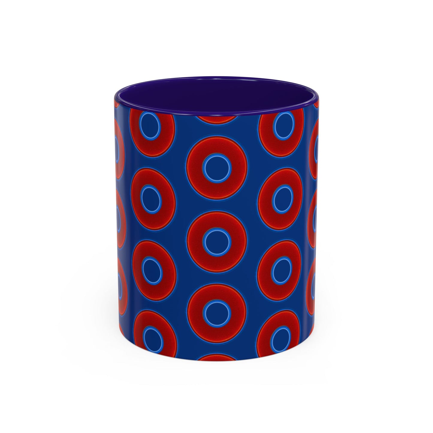 Lump's Grumpy Coffee Mug - vivid red donuts w/dark blue background