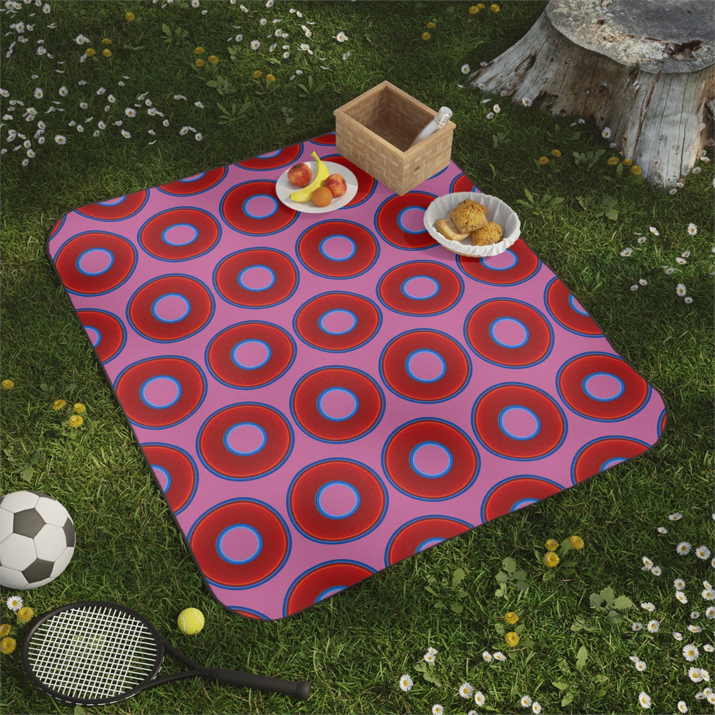 The Lumpy Party Blanket - giant water-resistant outdoor blanket [61" x 51"] - vivid red donuts w/pink background